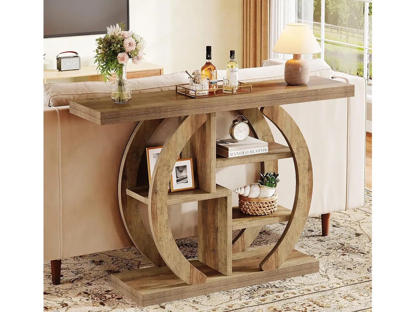 Mesa de consola de 4 niveles, de 108 cm, con base circular, de madera con estanterías de almacenamiento, para salón, pasillo, hogar, de color marrón claro de roble.