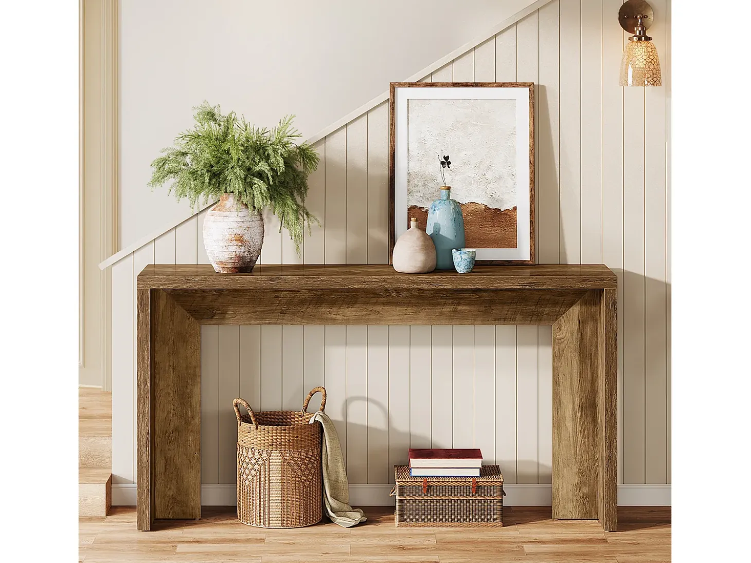 Mesa de consola de estilo rústico, mesa de canapé de madera de 140 cm con espacio de almacenamiento para la entrada