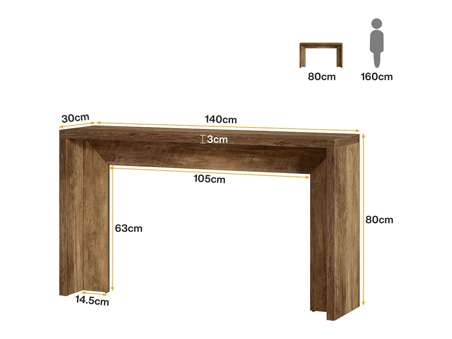 Mesa de consola de estilo rústico, mesa de canapé de madera de 140 cm con espacio de almacenamiento para la entrada