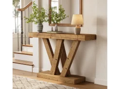 Mesa de consola de madera sólida, mesa de sofá de entrada de estilo rústico de 120 cm con base en doble forma de V