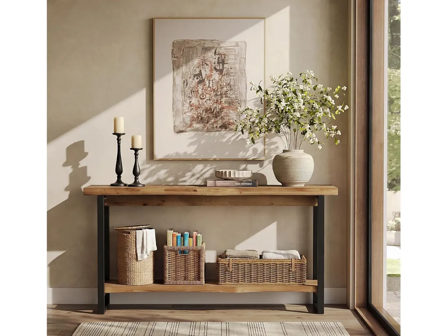 Mesa de consola de madera maciza con borde vivo para entrada, estilo rural, 160 cm, mesa estrecha y larga detrás del sofá
