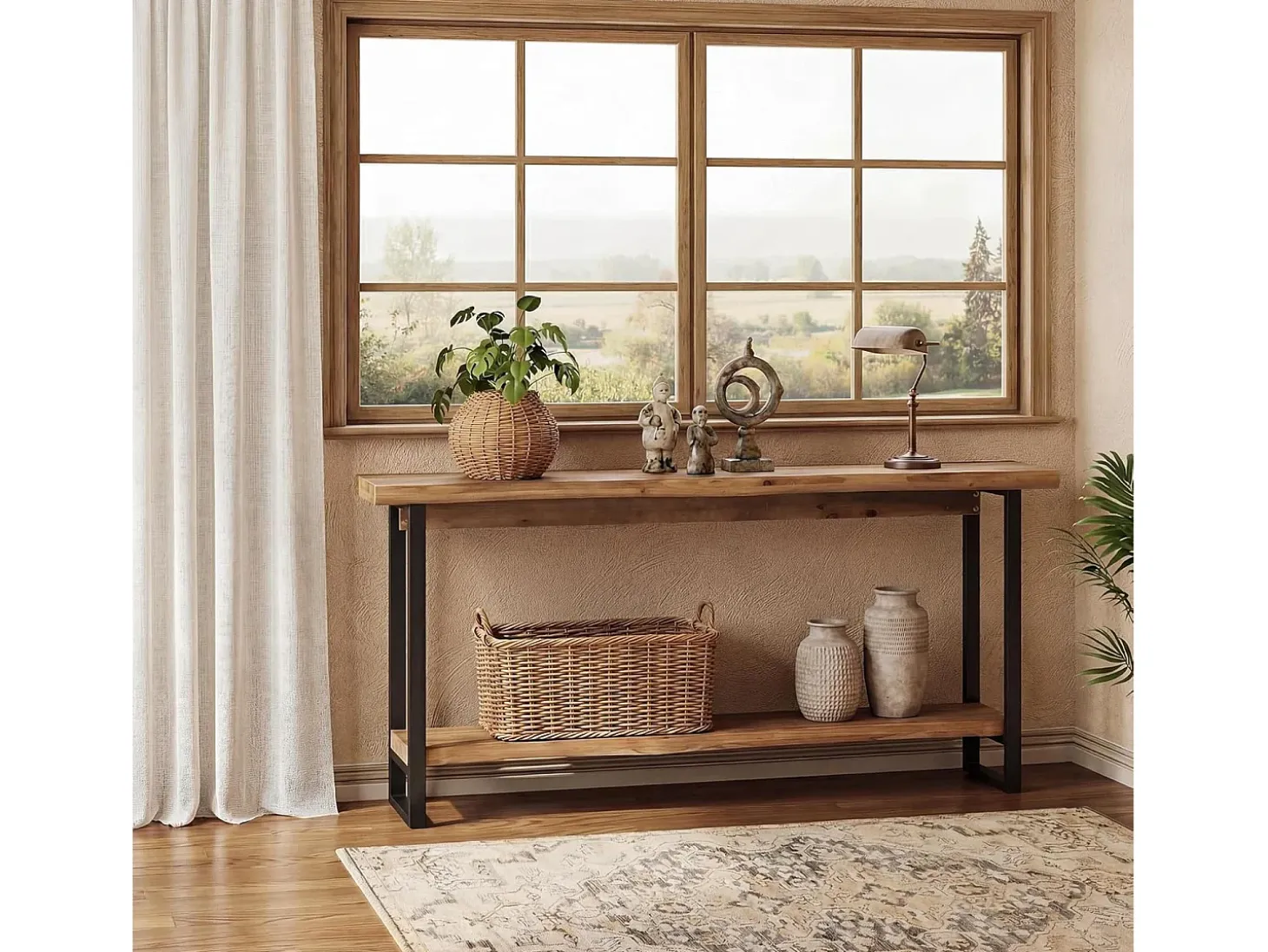Mesa de consola de madera maciza con borde vivo para entrada, estilo rural, 160 cm, mesa estrecha y larga detrás del sofá