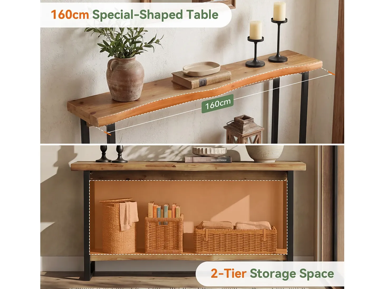Mesa de consola de madera maciza con borde vivo para entrada, estilo rural, 160 cm, mesa estrecha y larga detrás del sofá