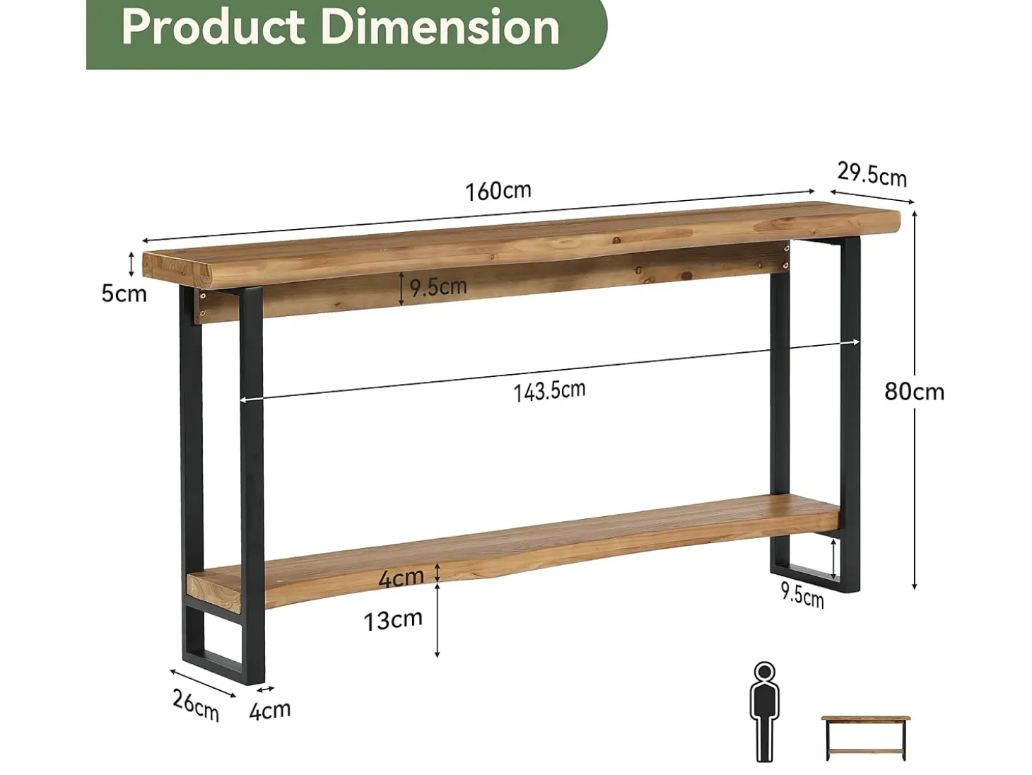 Mesa de consola de madera maciza con borde vivo para entrada, estilo rural, 160 cm, mesa estrecha y larga detrás del sofá