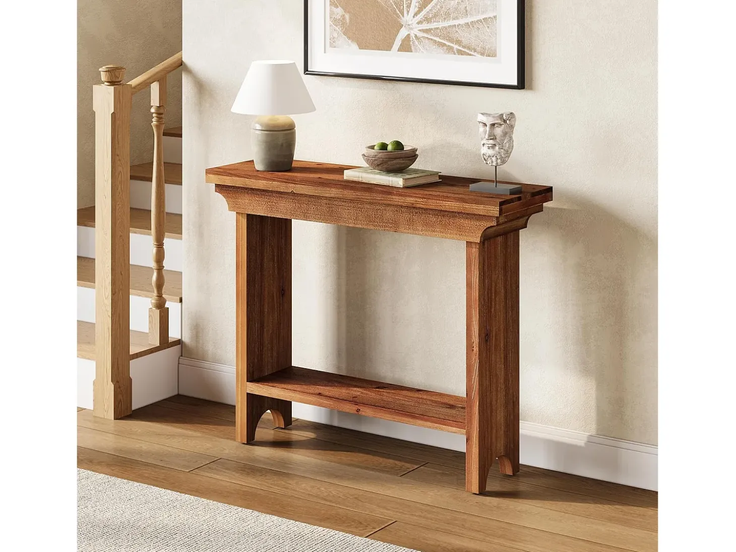 Mesa de consola de madera maciza rústica de 100 cm detrás del sofá con estante inferior