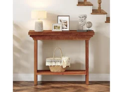 Mesa de consola de madera maciza rústica de 100 cm detrás del sofá con estante inferior