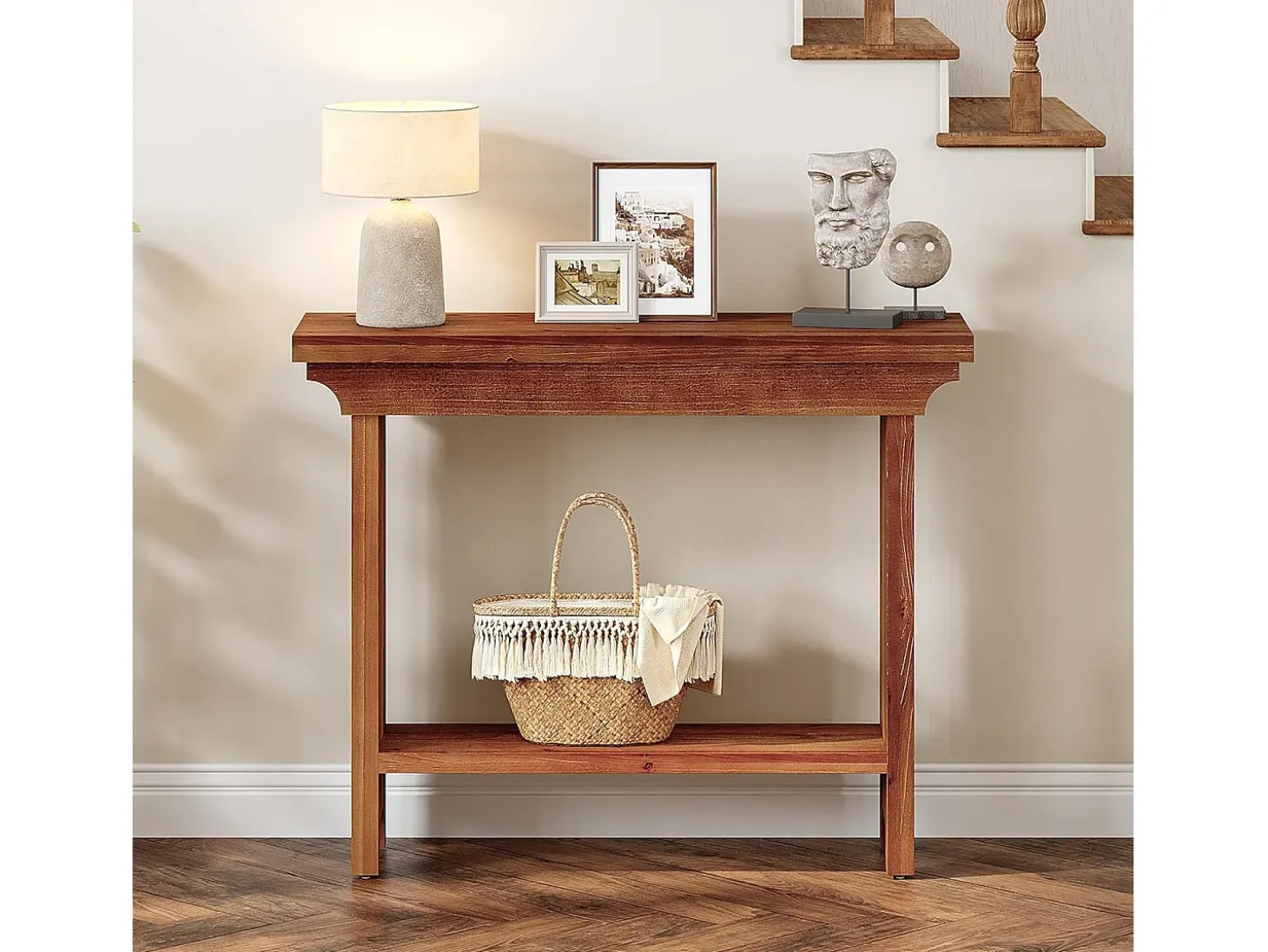 Mesa de consola de madera maciza rústica de 100 cm detrás del sofá con estante inferior