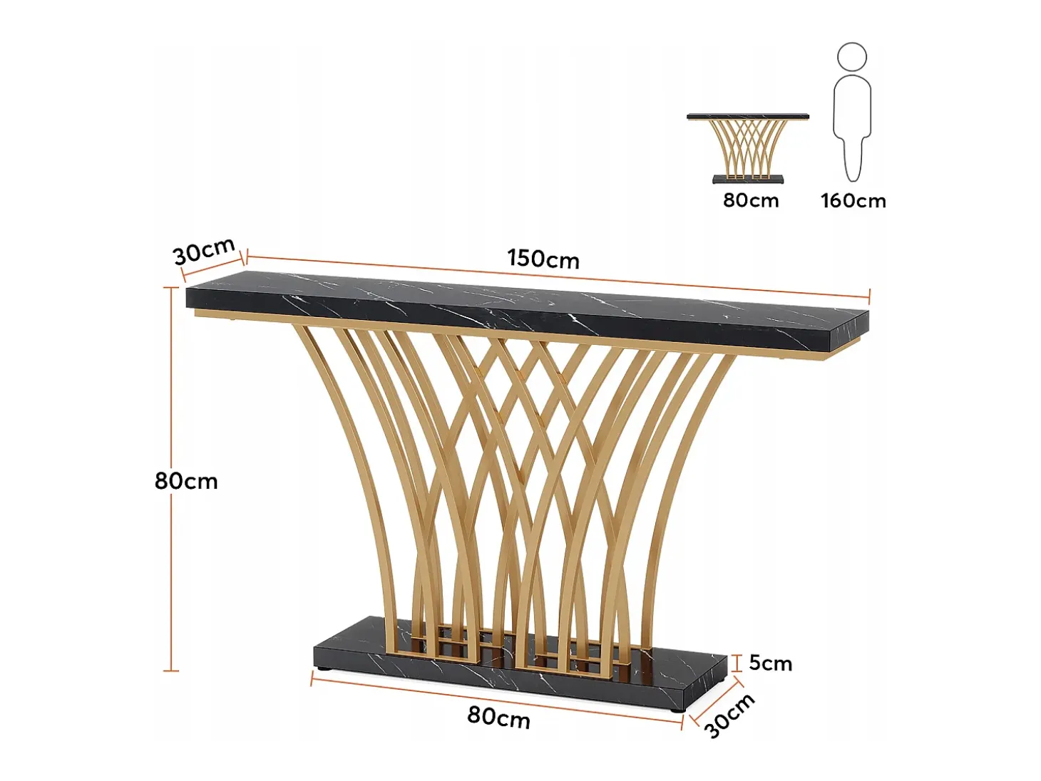 Mesa de consola dorada - 150 x 29,5 x 80 cm - Moderna - con patas de metal en forma de rejilla - para entrada, pasillo, vestíbulo, salón (Negro)