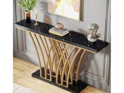 Mesa de consola dorada - 150 x 29,5 x 80 cm - Moderna - con patas de metal en forma de rejilla - para entrada, pasillo, vestíbulo, salón (Negro)
