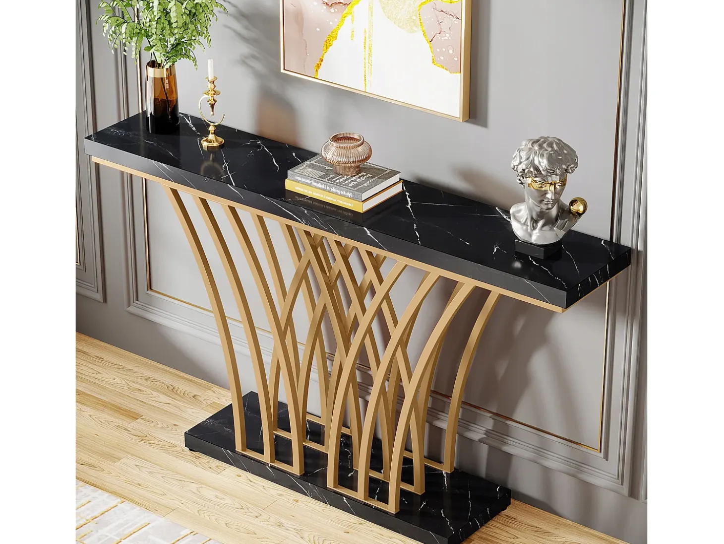Mesa de consola dorada - 150 x 29,5 x 80 cm - Moderna - con patas de metal en forma de rejilla - para entrada, pasillo, vestíbulo, salón (Negro)