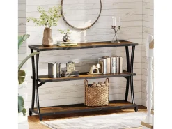 Mesa de consola industrial de 3 niveles, mesa estrecha rústica para entrada con estantes de almacenamiento