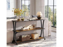 Mesa de consola industrial de 3 niveles, mesa estrecha rústica para entrada con estantes de almacenamiento