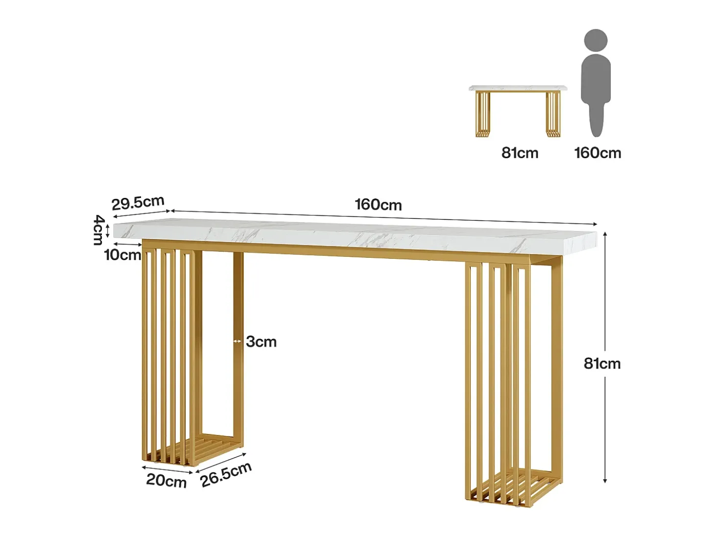 Mesa de consola moderna con tapa de chapa de mármol falso blanco y base de metal dorado, MDF