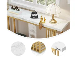 Mesa de consola moderna con tapa de chapa de mármol falso blanco y base de metal dorado, MDF