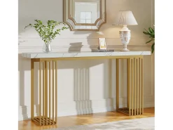 Mesa de consola moderna con tapa de chapa de mármol falso blanco y base de metal dorado, MDF