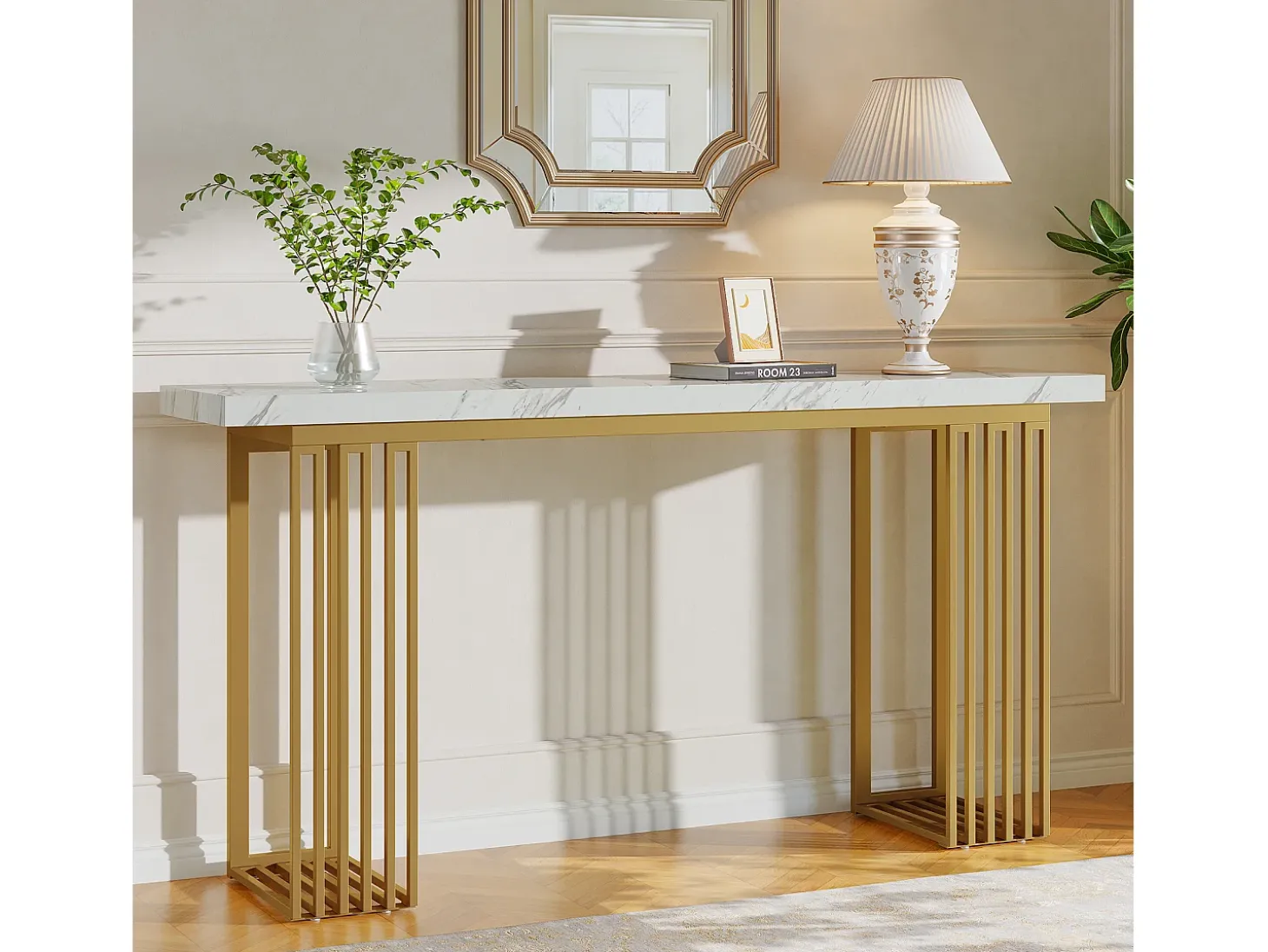 Mesa de consola moderna con tapa de chapa de mármol falso blanco y base de metal dorado, MDF