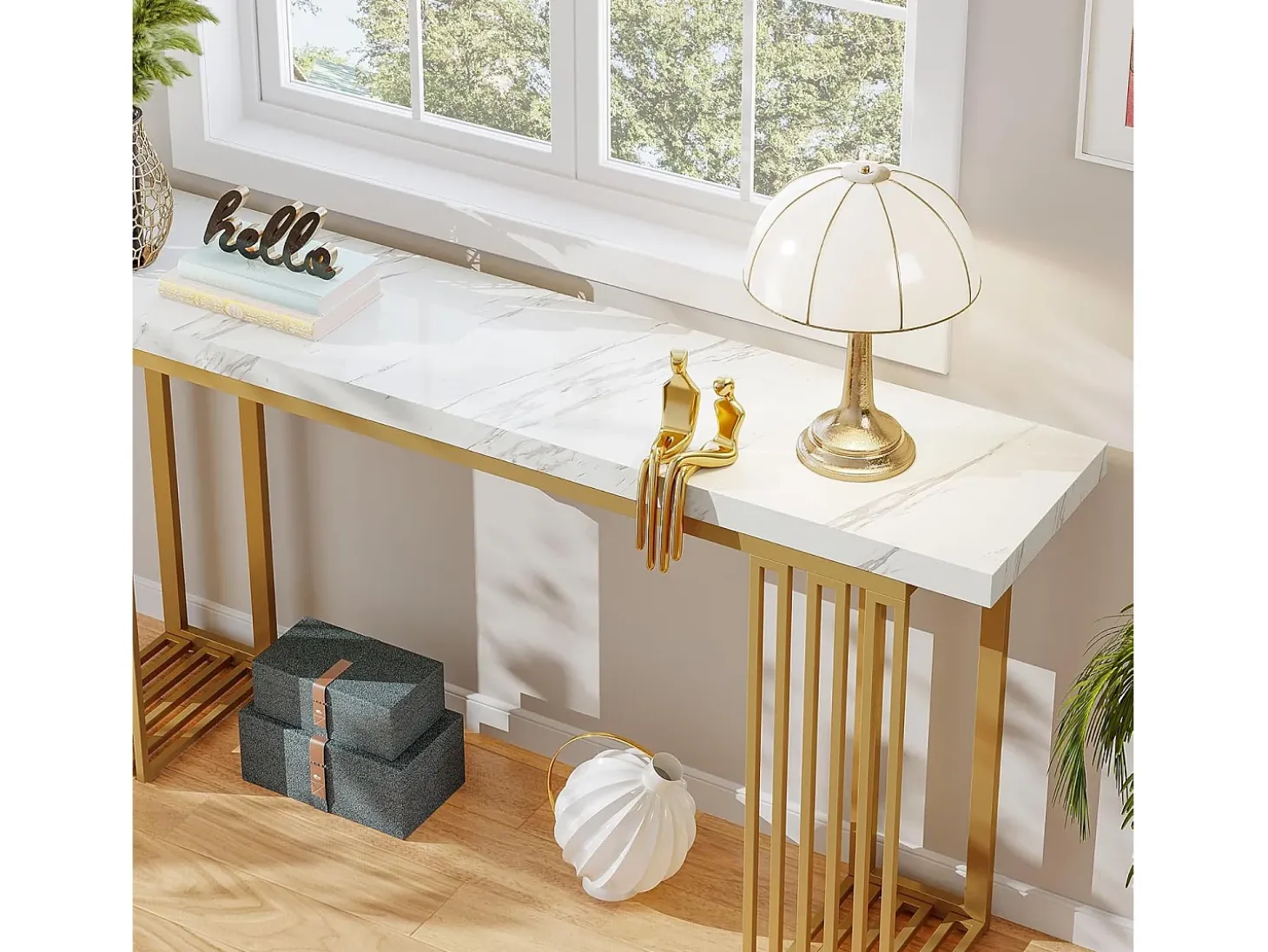 Mesa de consola moderna con tapa de chapa de mármol falso blanco y base de metal dorado, MDF