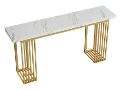 Mesa de consola moderna con tapa de chapa de mármol falso blanco y base de metal dorado, MDF