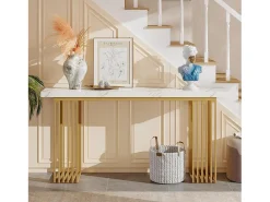 Mesa de consola moderna con tapa de chapa de mármol falso blanco y base de metal dorado, MDF