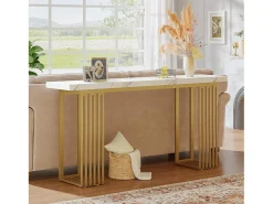 Mesa de consola moderna con tapa de chapa de mármol falso blanco y base de metal dorado, MDF