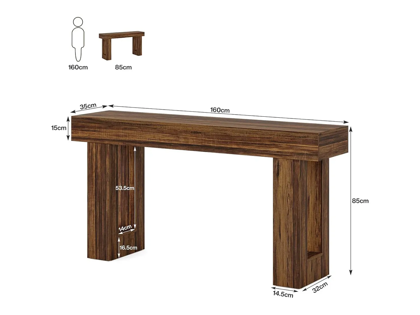 Mesa de consola rectangular de 160 cm de largo, mesa baja detrás del sofá, mesa de estilo rústico para la entrada, el pasillo, el salón (marrón rústico)