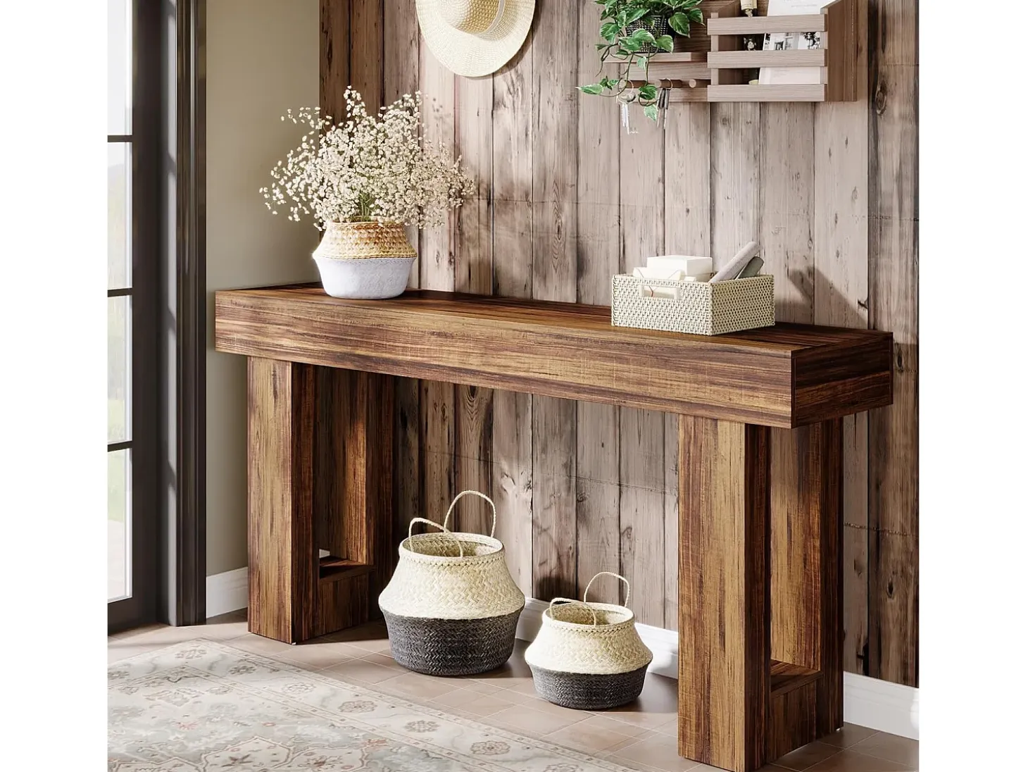 Mesa de consola rectangular de 160 cm de largo, mesa baja detrás del sofá, mesa de estilo rústico para la entrada, el pasillo, el salón (marrón rústico)