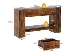 Mesa de consola rústica marrón con 2 cajones, Mesa de consola estrecha de 2 niveles de 140 cm