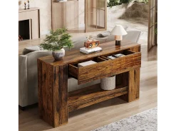 Mesa de consola rústica marrón con 2 cajones, Mesa de consola estrecha de 2 niveles de 140 cm
