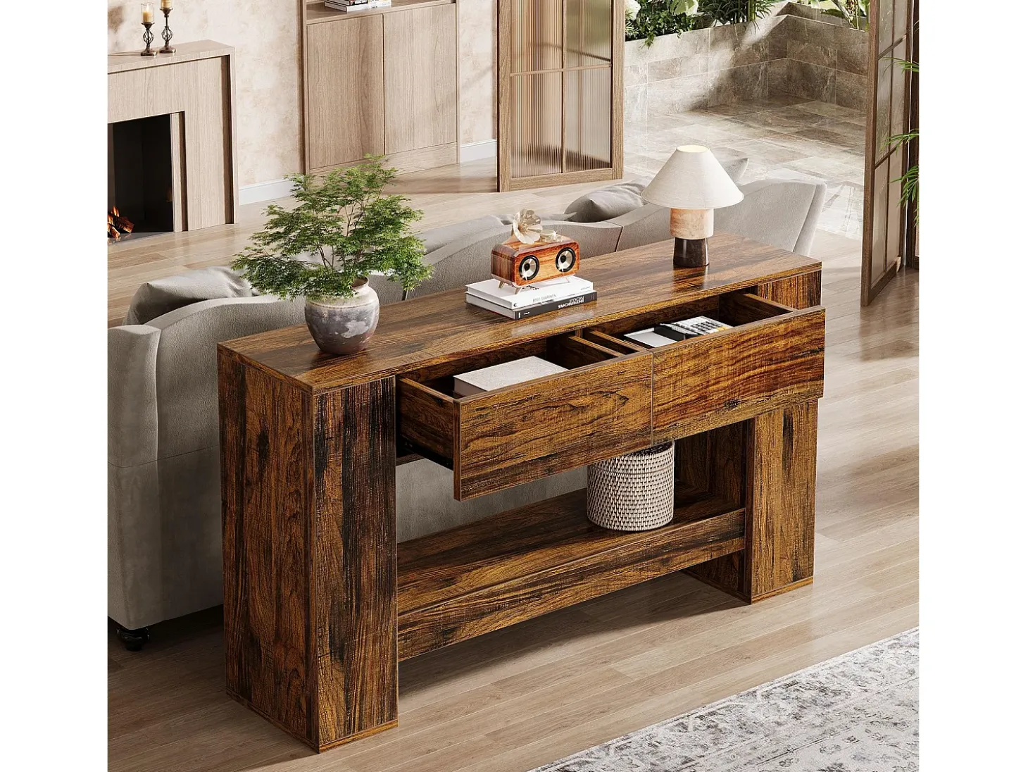 Mesa de consola rústica marrón con 2 cajones, Mesa de consola estrecha de 2 niveles de 140 cm