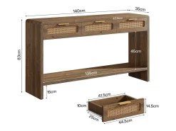 Mesa de entrada de 140 cm con 3 cajones de ratán, mesa consola estrecha para sofá con estante de almacenamiento abierto de 2 niveles