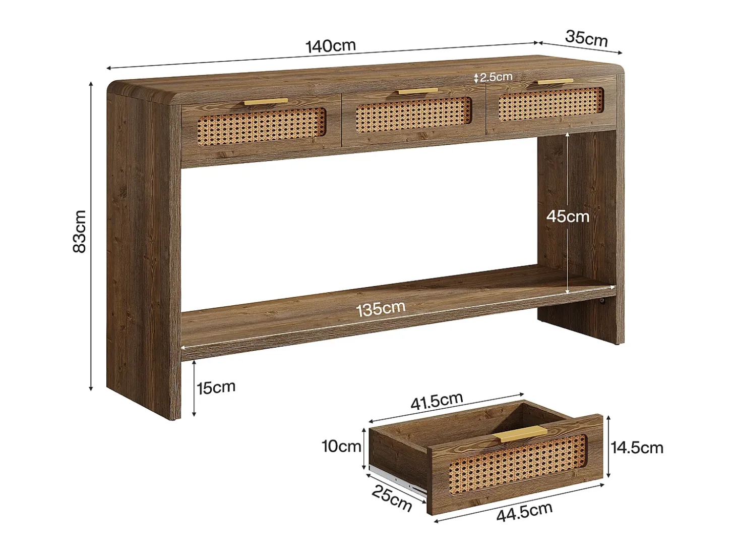 Mesa de entrada de 140 cm con 3 cajones de ratán, mesa consola estrecha para sofá con estante de almacenamiento abierto de 2 niveles