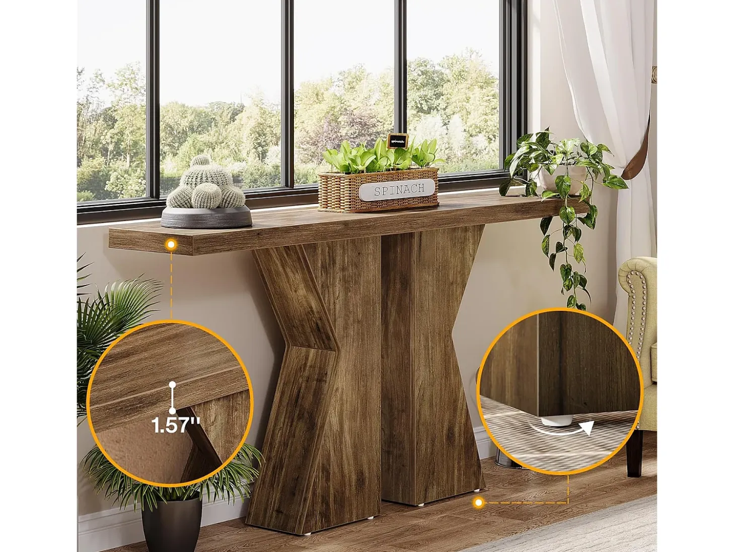 Mesa de entrada de estilo rústico, mesa consola detrás del sofá, mesa de pasillo estrecha, mesa de entrada con marco en forma de K para entrada, sala de estar, marrón rústico de 140 cm