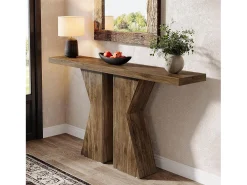 Mesa de entrada de estilo rústico, mesa consola detrás del sofá, mesa de pasillo estrecha, mesa de entrada con marco en forma de K para entrada, sala de estar, marrón rústico de 140 cm