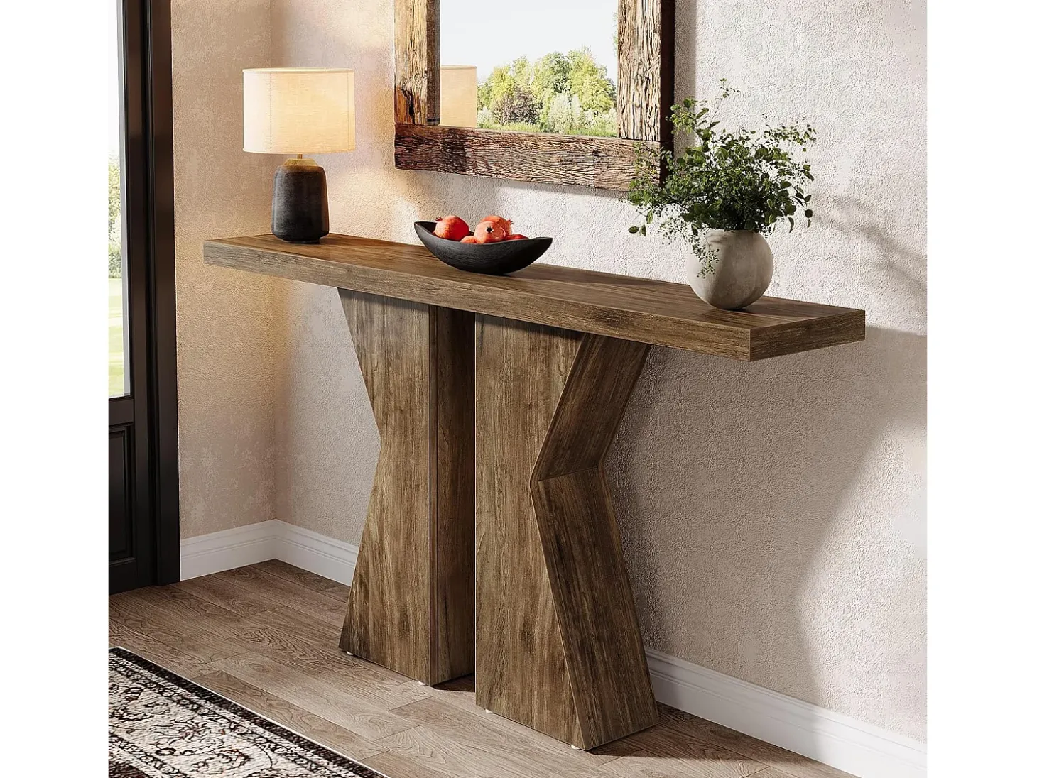 Mesa de entrada de estilo rústico, mesa consola detrás del sofá, mesa de pasillo estrecha, mesa de entrada con marco en forma de K para entrada, sala de estar, marrón rústico de 140 cm