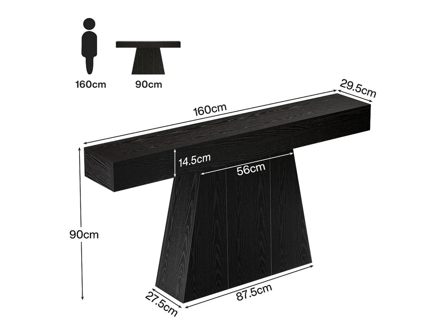 Mesa de entrada, mesa consola moderna negra de 160 cm con base trapezoidal para sala de estar