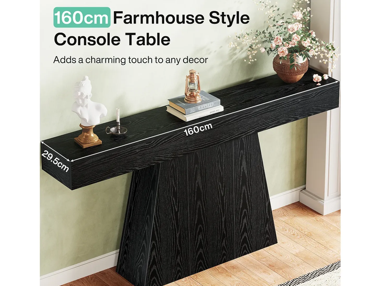 Mesa de entrada, mesa consola moderna negra de 160 cm con base trapezoidal para sala de estar