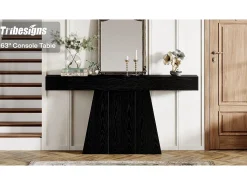 Mesa de entrada, mesa consola moderna negra de 160 cm con base trapezoidal para sala de estar