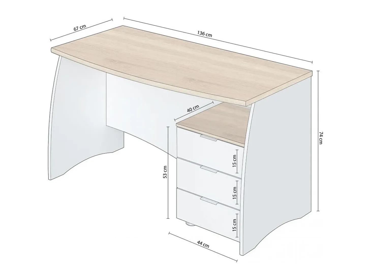 Mesa de escritorio Elan 3 cajones Blanco Artik (Blanco Mate) - Roble Canadian