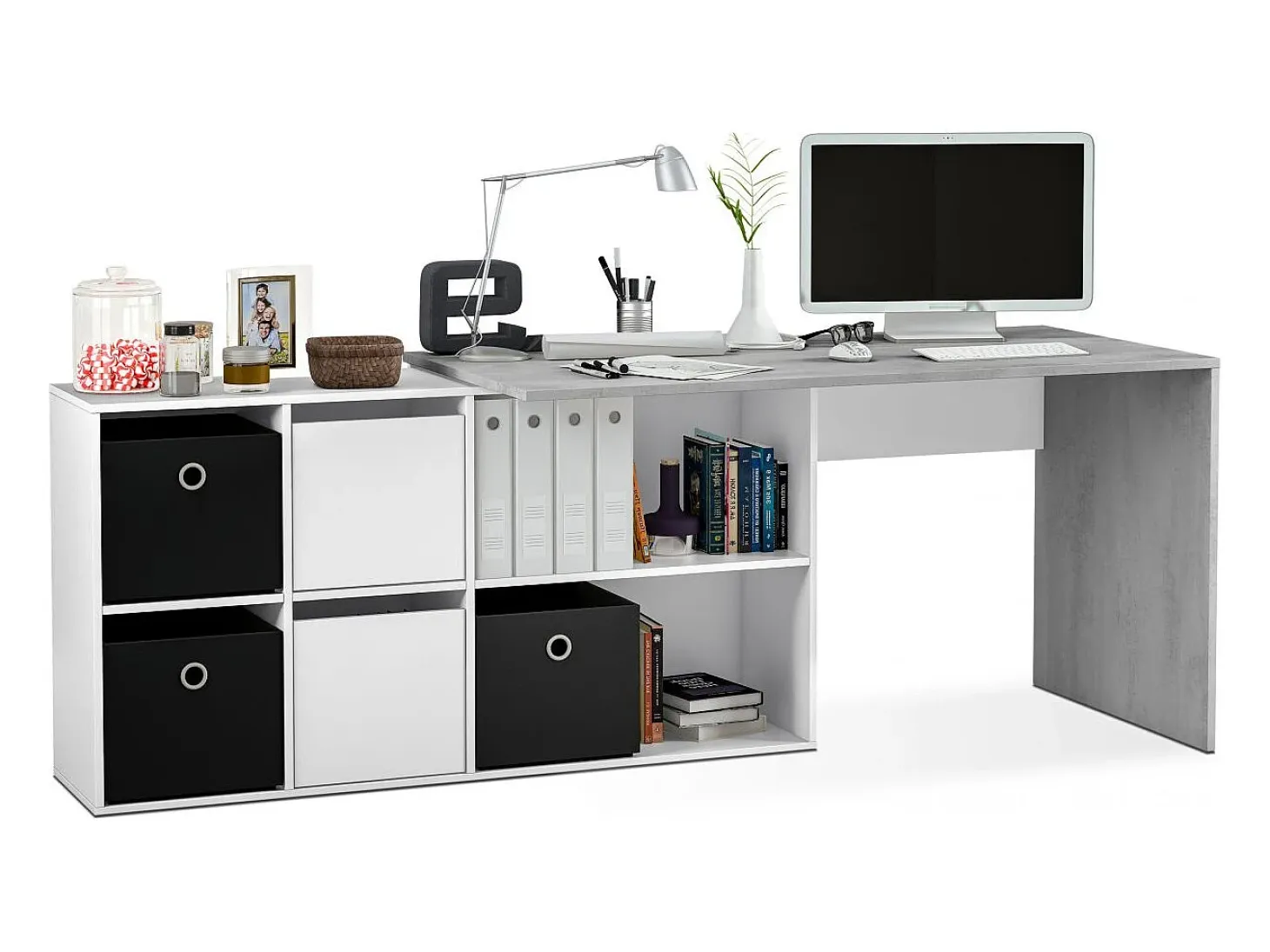 Mesa de escritorio multiposición en blanco mate y gris cemento 136x139 cm Move Blanco Artik (Blanco Mate) - Gris Cemento