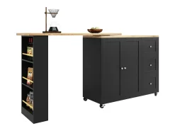 Mesa de pie giratoria 360° (135-203 cm) con ruedas, color negro, con 3 cajones y porta snacks.