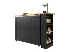 Mesa de pie giratoria 360° (135-203 cm) con ruedas, color negro, con 3 cajones y porta snacks.