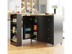 Mesa de pie giratoria 360° (135-203 cm) con ruedas, color negro, con 3 cajones y porta snacks.