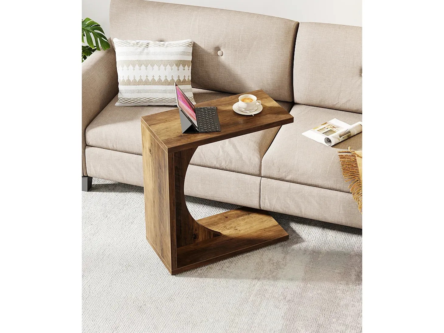 Mesa lateral en forma de C para sofá, pequeña mesa de noche para sofá, mesa de noche para sala de estar y dormitorio