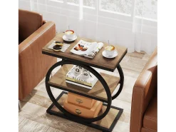 Mesa lateral estrecha con 3 estantes de almacenamiento, pequeña mesa de extremo de sofá industrial