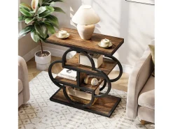 Mesa lateral estrecha, mesa auxiliar de madera pequeña de 4 niveles con marco de metal curvo