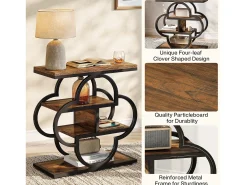 Mesa lateral estrecha, mesa auxiliar de madera pequeña de 4 niveles con marco de metal curvo
