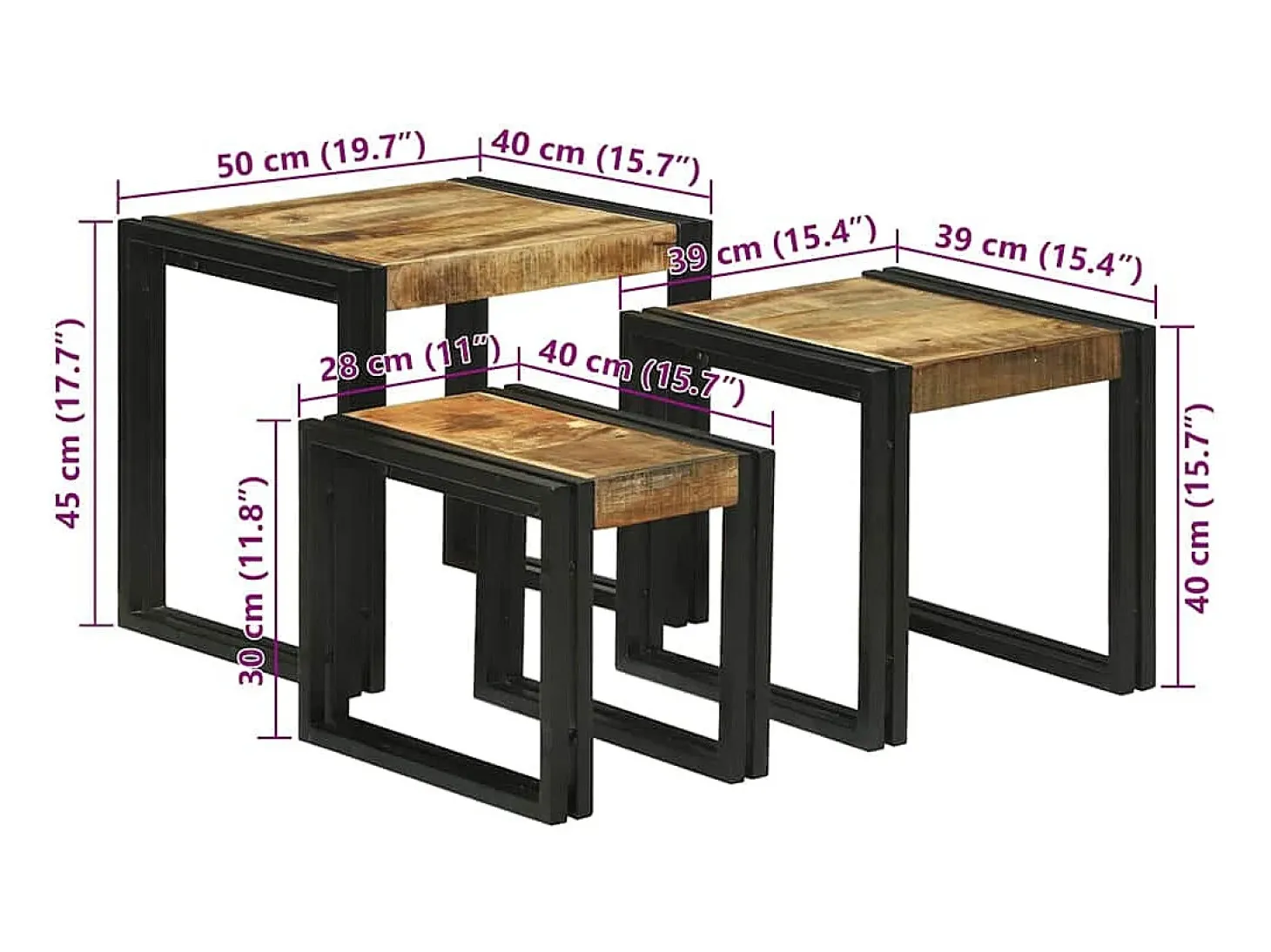 Mesa Nido 3 piezas Marrón y negro Madera maciza de mango rugosa