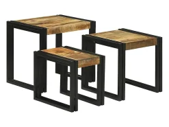 Mesa Nido 3 piezas Marrón y negro Madera maciza de mango rugosa