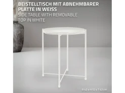 Mesa redonda de metal auxiliar con bandeja extraíble plegable blanca Ø45xAL52 cm