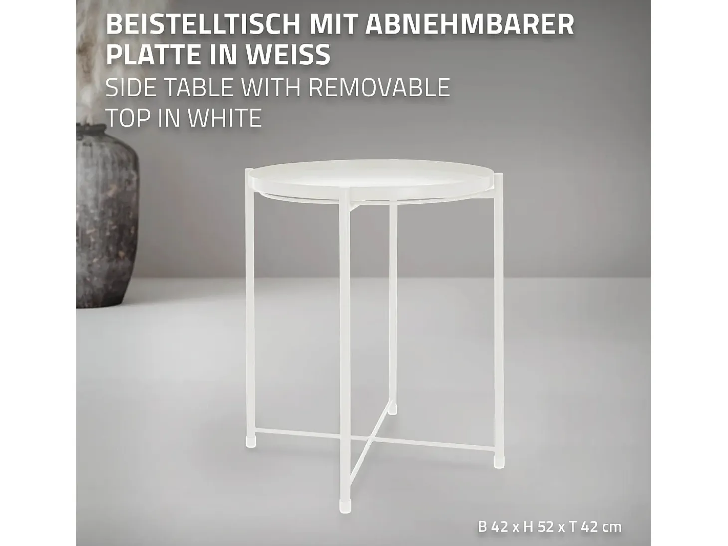 Mesa redonda de metal auxiliar con bandeja extraíble plegable blanca Ø45xAL52 cm